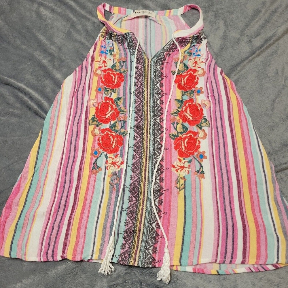Impressions Shirt Women Small Pink Stripe Tank Top Floral Embroidery Rope Tassle